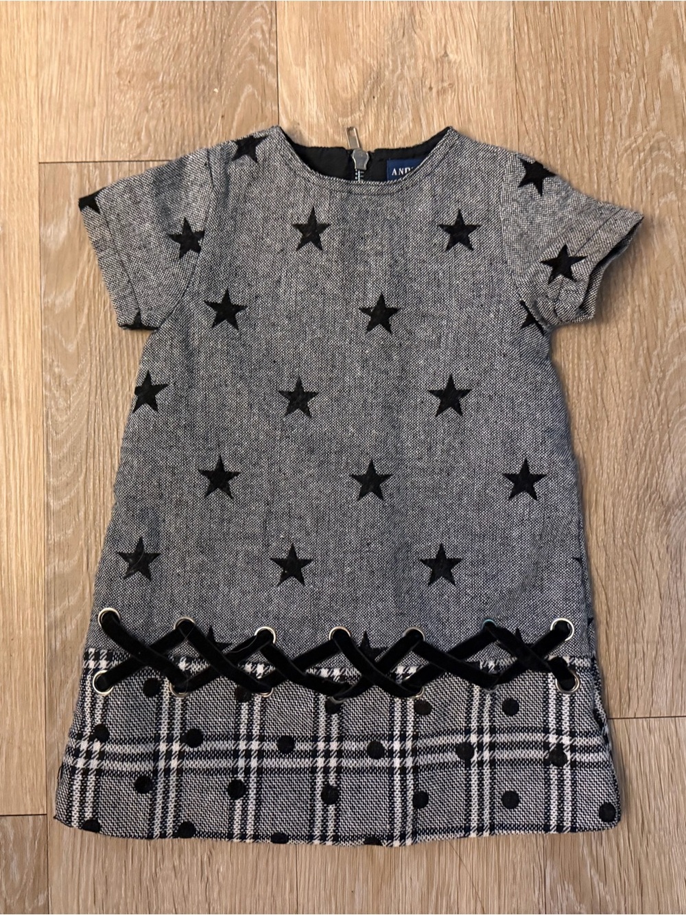 Andy & Evan Grey Star-Print Dress with Plaid Hem and Ribbon Detail